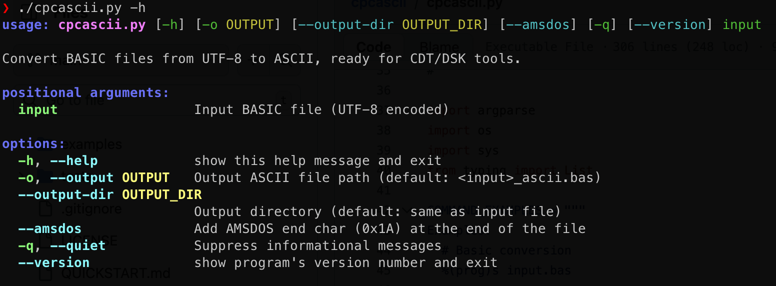 cpcascii help message