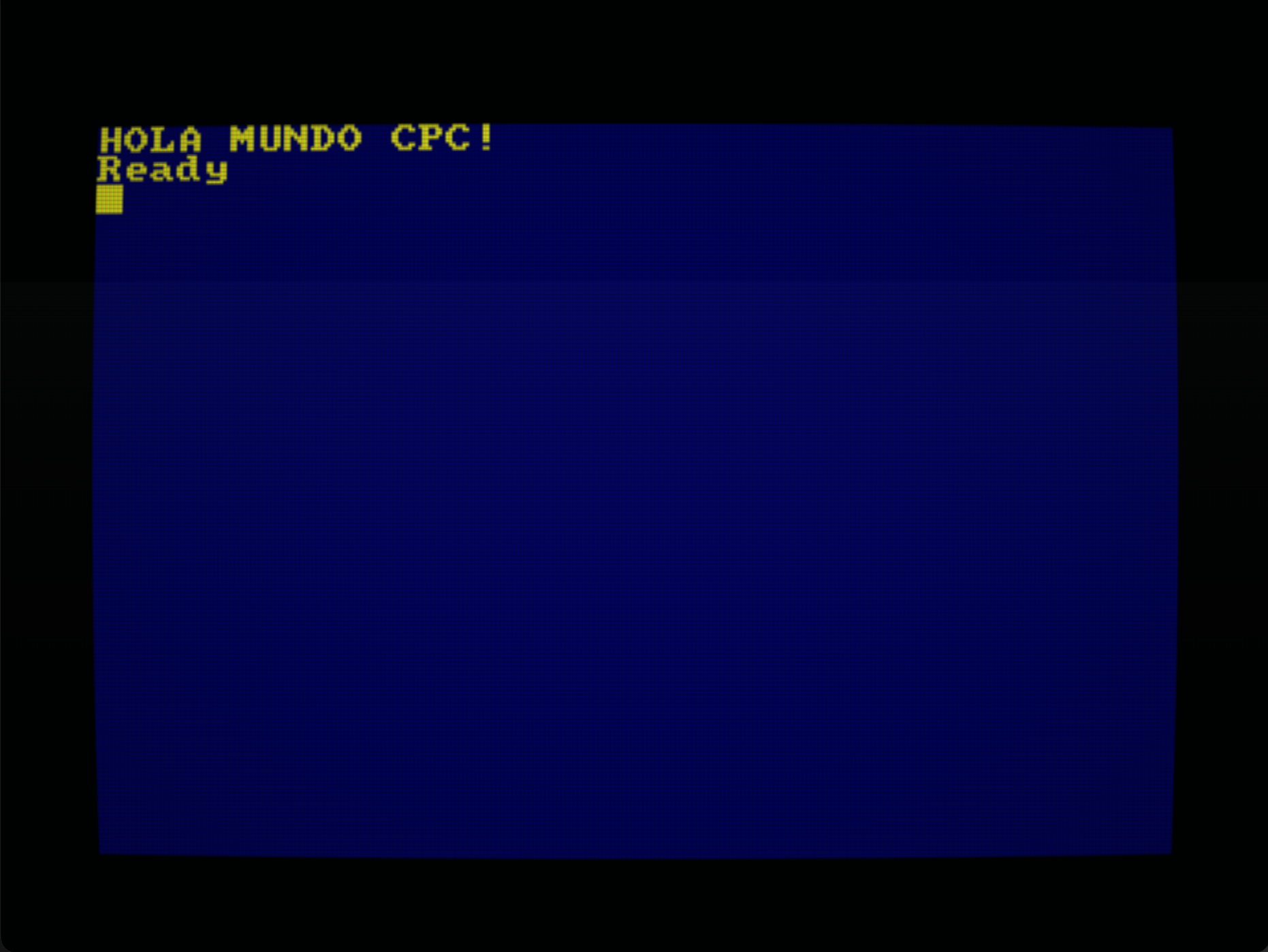 Captura de pantalla del emulador con el mensaje "HOLA MUNDO CPC!" en pantalla